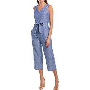 TART Karson Linen blend Jumpsuit Cropped Attached sash Size S Chambray Lined